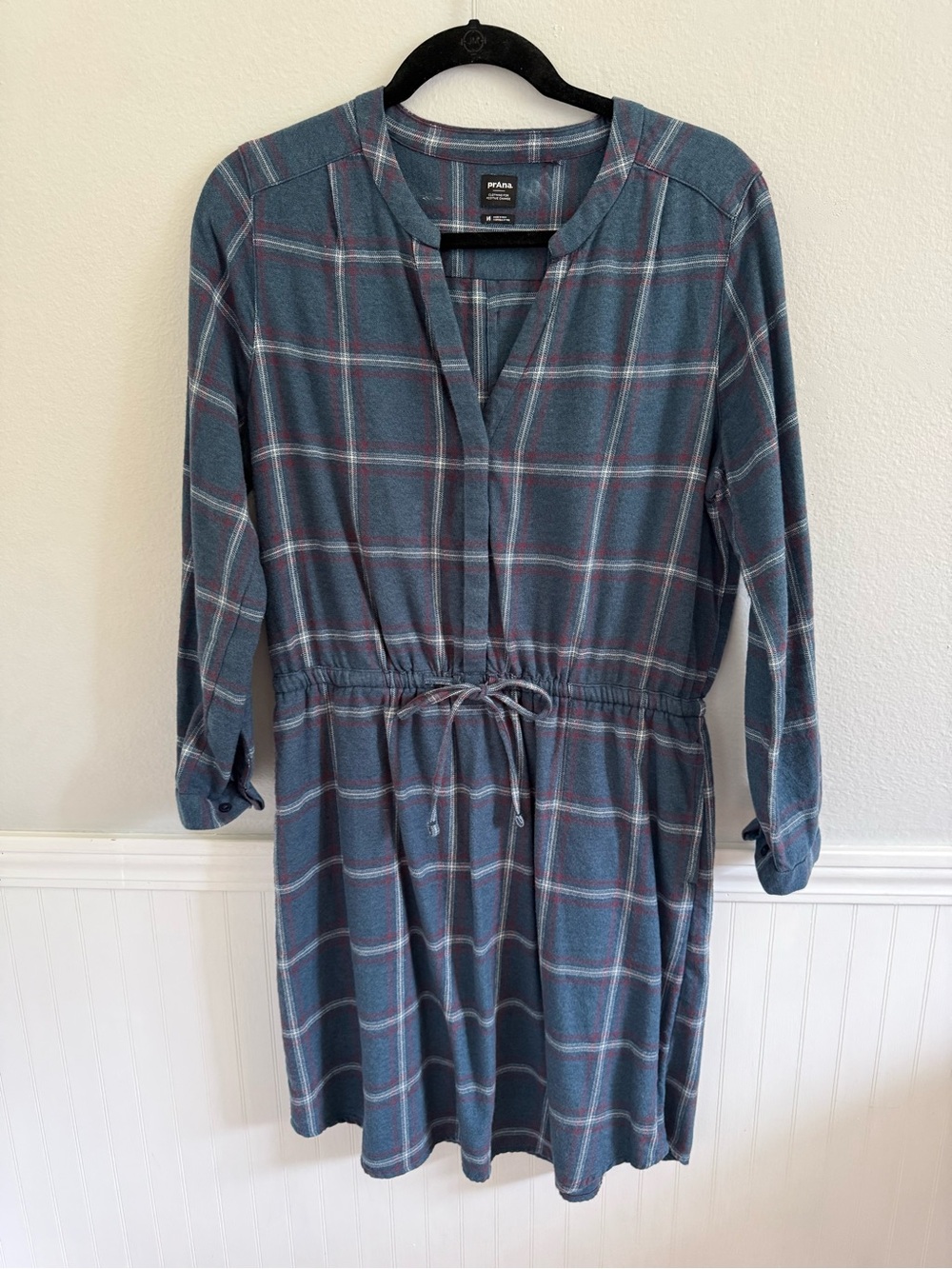 Prana Teal Plaid Long-Sleeve Drawstring Dress
